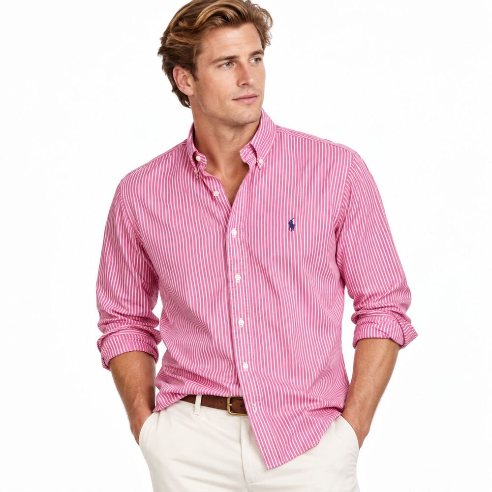Ralph Lauren Mens Seersucker Button Down Shirt Extra Large Pink White Custom Fit